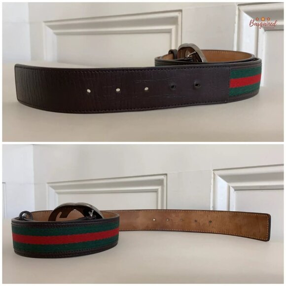Authentic Gucci Web Canvas Brown Leather Silver Interlocking G Buckle Belt 85/34 - Picture 11 of 12